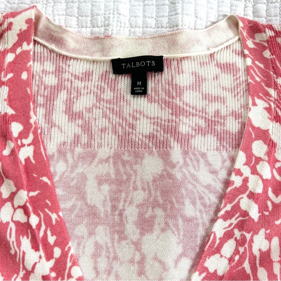 Talbots Salmon Pink and White Art To Wear Button Down Knit Cardigan Size Medium - Picture 3 of 9
